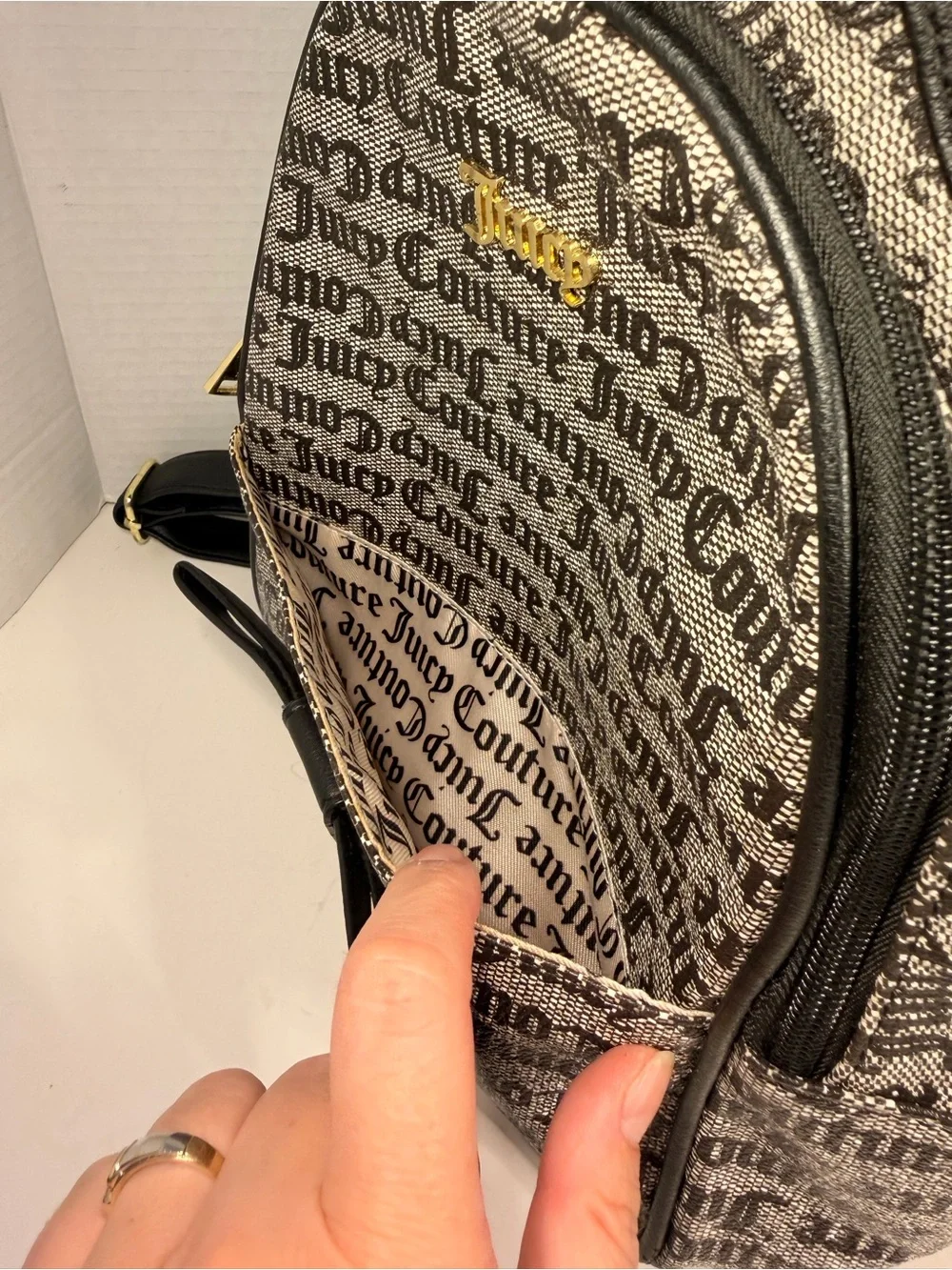 Juicy Couture Gothic Status Black and White Monogram Logo Mini Backpack